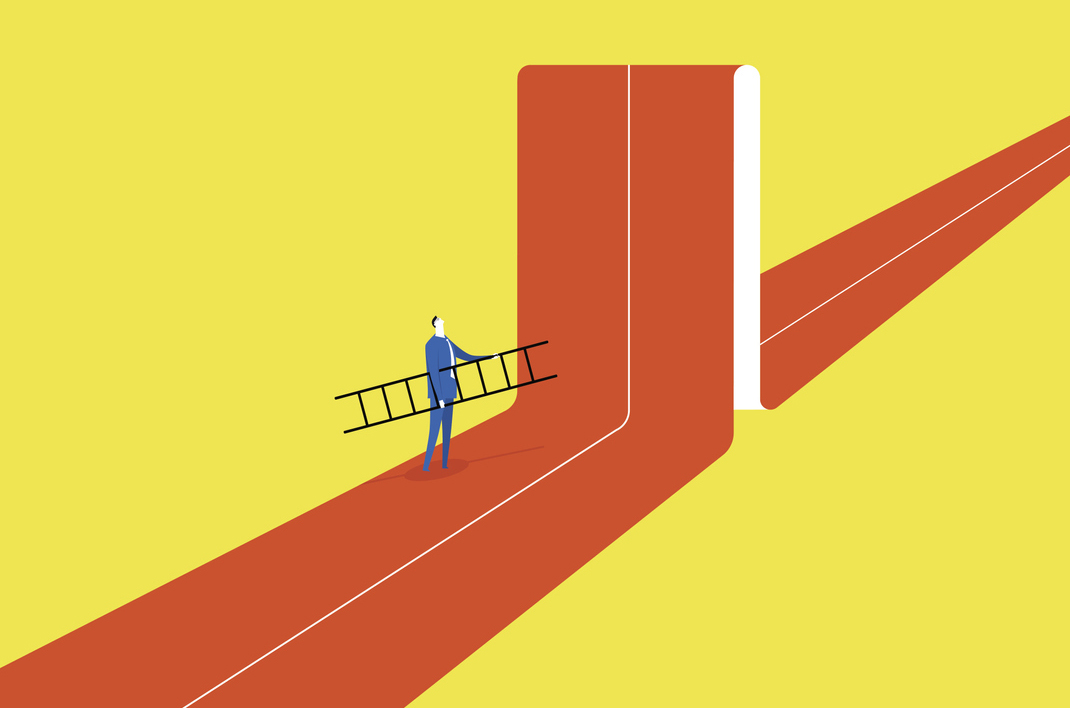 An illustration of a man holding a ladder to climb over a barrier.